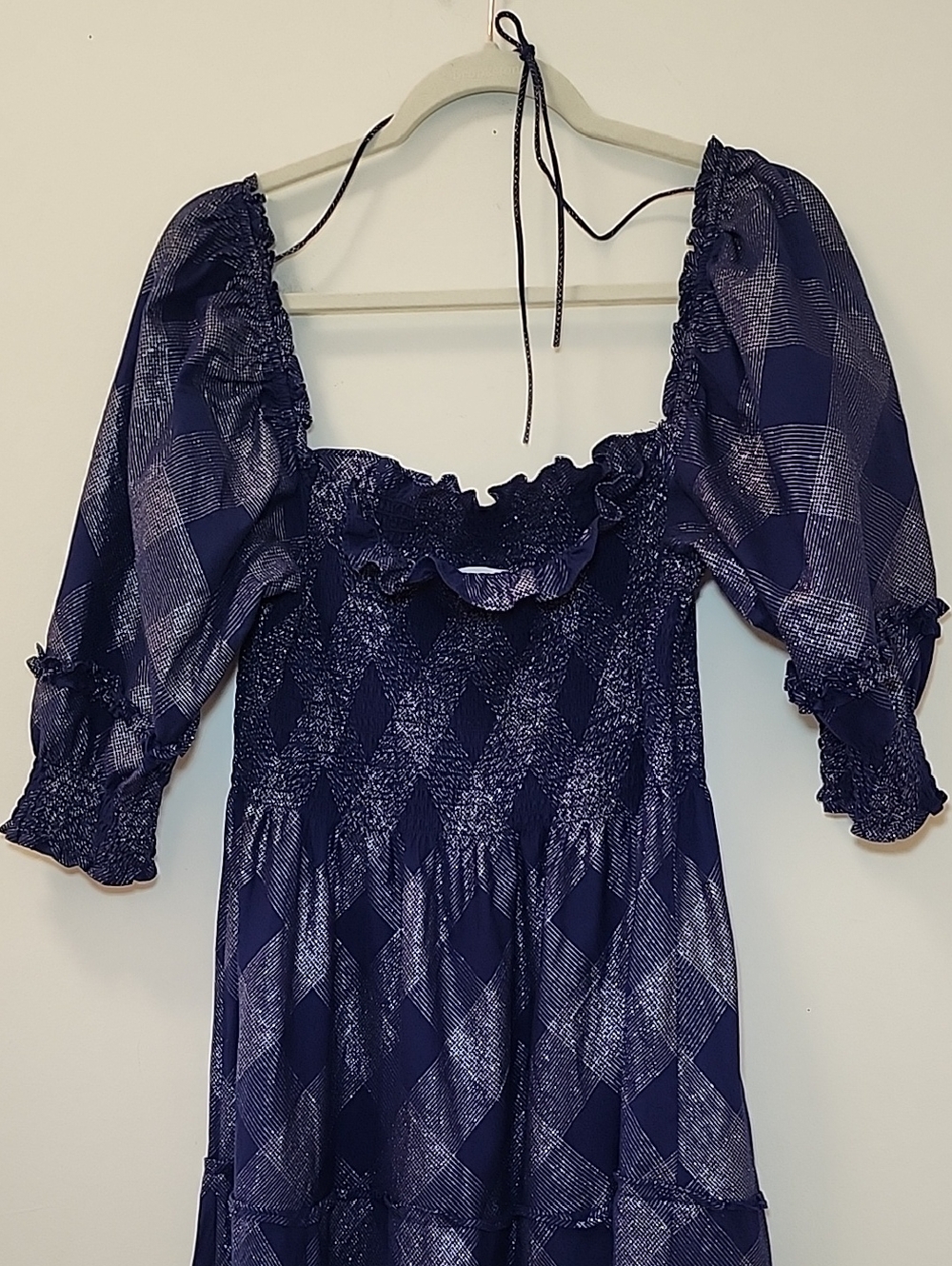 Hill House Home Ellie Nap Dress Navy Blue Ruffle Glitter Silver Check Size Large - Picture 11 of 16